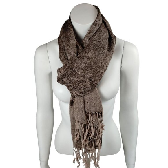 Womens Vintage Paisley Inspired Pashmina Scarf In Taupe and Brown With Fringe - Picture 1 of 4